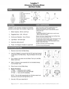 SpaRoom TulipMist essential oil diffuser instruction manual